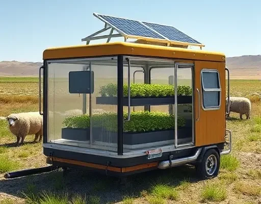 A compact autonomous microhydroponic system integrated into a nomadic farm setting, featuring a portable greenhouse with hydroponic trays, solar panels, water recycling pipes, and grazing sheep on a steppe landscape under a clear sky, rendered in realistic smallHQ style