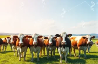 A vibrant scene of a dairy farm showing a herd of robust cows grazing in a green pasture, with subtle visual elements representing genetic analysis such as stylized DNA double helix patterns woven into the sky and faint abstract data flow lines connecting the cows, all rendered in a clean, detailed smallHQ style.