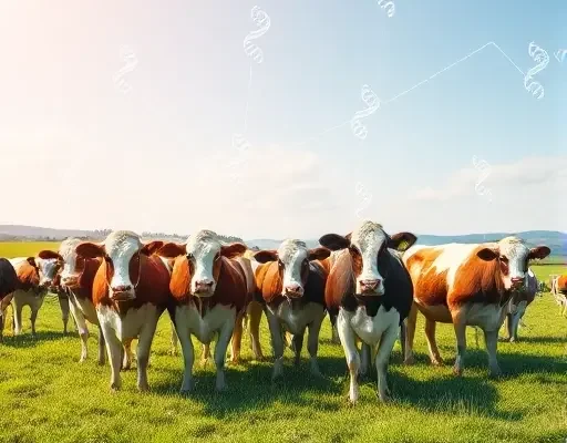 A vibrant scene of a dairy farm showing a herd of robust cows grazing in a green pasture, with subtle visual elements representing genetic analysis such as stylized DNA double helix patterns woven into the sky and faint abstract data flow lines connecting the cows, all rendered in a clean, detailed smallHQ style.
