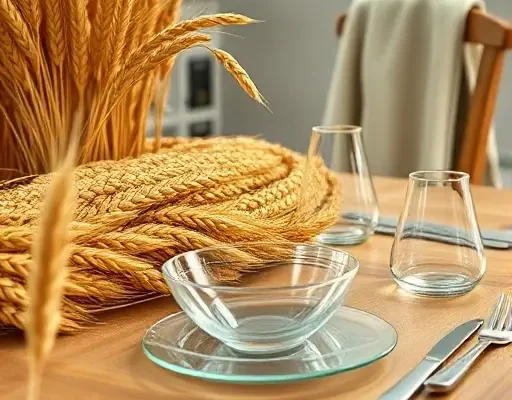 A close-up scene showing golden wheat grains being transformed into clear, smooth bioplastic material, with a set of elegant biodegradable plates, bowls, and cutlery made from the bioplastic placed on a natural wooden table; background includes subtle scientific equipment like beakers and a lab coat draped over a chair, emphasizing eco-friendly innovation and sustainability, all rendered in a realistic yet slightly stylized manner