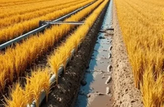 A modern, highly efficient agricultural drainage system in a vast grain field, showing a network of underground pipes and surface ditches channeling water away, with healthy golden wheat rows thriving under a clear sky, emphasizing sustainability and advanced engineering