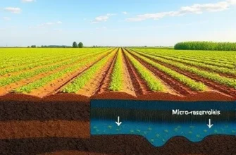 A detailed illustration of a farmland with alternating crop rows, showing a cross-section of the soil that highlights enhanced micro-reservoirs of water, healthy root systems, and improved moisture retention, under a clear sky with realistic lighting, in the smallHQ style
