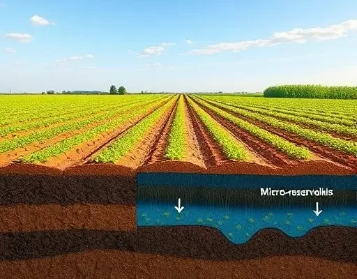A detailed illustration of a farmland with alternating crop rows, showing a cross-section of the soil that highlights enhanced micro-reservoirs of water, healthy root systems, and improved moisture retention, under a clear sky with realistic lighting, in the smallHQ style