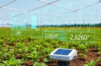 A futuristic autonomous humidity sensor array installed in a greenhouse or agricultural field, with sleek solar-powered devices attached to plants and soil, transmitting data wirelessly to floating holographic graphs of humidity trends and predictive models, under a clear sky, realistic yet stylized, focusing on technology and nature integration, no text or letters.