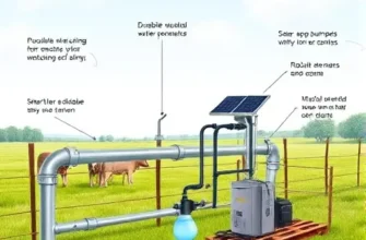 A detailed illustration of a robust, long-lasting automatic watering system for livestock, featuring durable metal pipes, solar-powered pumps, smart sensors, and modular components that can be easily accessed for maintenance and repair, set in a clean, well-maintained farm environment with lush green pastures and a clear sky.
