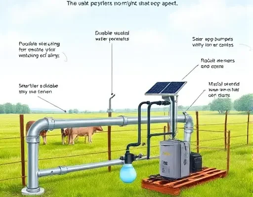 A detailed illustration of a robust, long-lasting automatic watering system for livestock, featuring durable metal pipes, solar-powered pumps, smart sensors, and modular components that can be easily accessed for maintenance and repair, set in a clean, well-maintained farm environment with lush green pastures and a clear sky.
