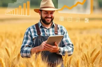 A modern agricultural scene showing a farmer in a field of golden wheat, using a tablet to analyze data visualizations floating above the crops, with stylized graphs and arrows indicating optimization and profit growth, all rendered in a crisp, high‑detail smallHQ style without any textual elements