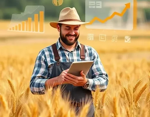 A modern agricultural scene showing a farmer in a field of golden wheat, using a tablet to analyze data visualizations floating above the crops, with stylized graphs and arrows indicating optimization and profit growth, all rendered in a crisp, high‑detail smallHQ style without any textual elements