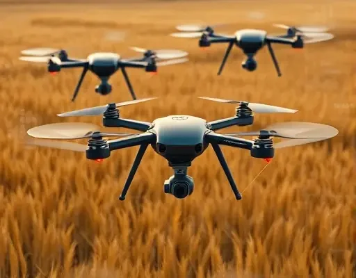 A high-tech agricultural scene showing several sleek autonomous drones flying over expansive golden grain fields, equipped with advanced sensors and cameras, capturing detailed data. The drones are connected to a futuristic control hub represented by subtle glowing lines and holographic data streams illustrating computational optimization and real-time monitoring, all rendered in a crisp, detailed smallHQ style.