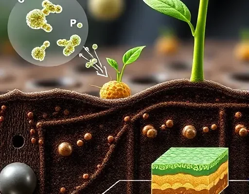 A detailed scientific illustration of a microfertilizer system based on a bi-resin composite, showing microscopic nutrient particles, a plant root absorbing the microfertilizer, and a schematic cross‑section of the composite material structure, rendered in a clean, high‑resolution smallHQ style