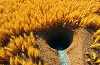 A detailed aerial view of a golden wheat field with subtle underground drainage tunnels visible as faint lines beneath the soil, showing water flowing through the tunnels, cross-section cutaway revealing soil layers and wheat roots reaching toward the tunnels, bright sky and realistic lighting, no text or symbols