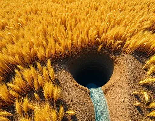 A detailed aerial view of a golden wheat field with subtle underground drainage tunnels visible as faint lines beneath the soil, showing water flowing through the tunnels, cross-section cutaway revealing soil layers and wheat roots reaching toward the tunnels, bright sky and realistic lighting, no text or symbols