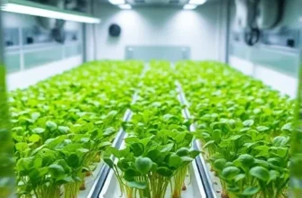 A compact high‑tech microgreen nursery interior, showing multiple sleek trays filled with vibrant green microgreens. Tiny glowing symbiotic bacteria are visualized as subtle bioluminescent particles surrounding the roots, indicating accelerated protective action. Soft futuristic lighting, clean metal and glass surfaces, and subtle scientific instrumentation convey a modern, efficient cultivation environment.