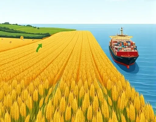 A detailed illustration showing a lush grain field turning into rows of harvested feed grain, with subtle symbols of government subsidies such as faint green arrows or coins flowing over the crops, leading to large cargo ships loaded with grain containers ready for export on a calm sea, all rendered in a realistic yet compact high-quality style.