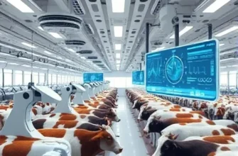 A futuristic automated feeding monitoring and control system in a livestock farm, featuring sleek robotic feeding units delivering feed to healthy animals, sensor arrays on the ceiling, and floating holographic screens showing data graphs and controls, bright clean environment with modern high‑tech machinery, no human figures, no text