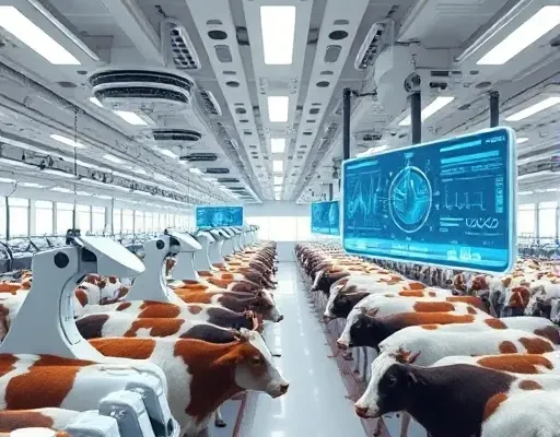 A futuristic automated feeding monitoring and control system in a livestock farm, featuring sleek robotic feeding units delivering feed to healthy animals, sensor arrays on the ceiling, and floating holographic screens showing data graphs and controls, bright clean environment with modern high‑tech machinery, no human figures, no text