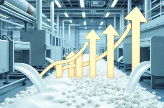 A modern industrial scene depicting a dairy processing facility where streams of milk waste flow into advanced recycling equipment, with abstract upward arrows and flexible timeline ribbons symbolizing increasing percentages and adaptable schedules, bright futuristic colors, clean and dynamic composition, no textual elements
