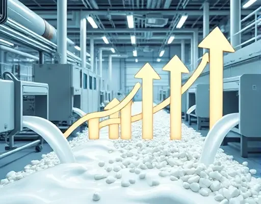 A modern industrial scene depicting a dairy processing facility where streams of milk waste flow into advanced recycling equipment, with abstract upward arrows and flexible timeline ribbons symbolizing increasing percentages and adaptable schedules, bright futuristic colors, clean and dynamic composition, no textual elements