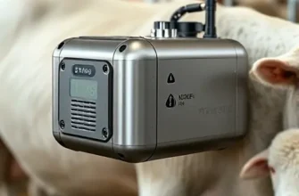 A compact autonomous monitoring device attached to a livestock animal, featuring sleek metallic housing with integrated sensors for temperature, heart rate, and motion, set in a realistic farm environment with a cow or sheep nearby, high detail, realistic lighting, no text or symbols
