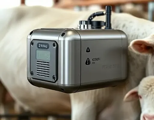 A compact autonomous monitoring device attached to a livestock animal, featuring sleek metallic housing with integrated sensors for temperature, heart rate, and motion, set in a realistic farm environment with a cow or sheep nearby, high detail, realistic lighting, no text or symbols