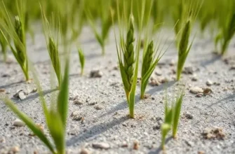 A close-up view of a wheat field with a thin microglacial crust covering the soil, showing healthy green shoots emerging through the fine grayish crust under a bright sky, realistic detail