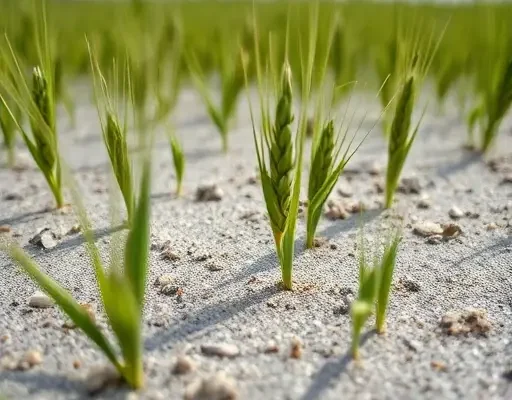 A close-up view of a wheat field with a thin microglacial crust covering the soil, showing healthy green shoots emerging through the fine grayish crust under a bright sky, realistic detail