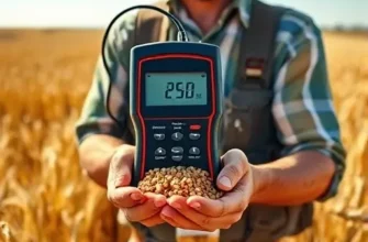 A farmer in a golden wheat field holding a handful of grain samples, using a portable moisture meter to measure the moisture content of the grains. The device shows a digital readout, and the background features rows of wheat under a clear sky with realistic lighting and detailed textures.