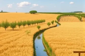 A harmonious agricultural landscape illustrating a sectoral agroforestry grain focus aimed at reducing water usage: expansive golden wheat fields interspersed with rows of young, leafy trees and shrubs, a gentle irrigation channel winding through the fields, and a clear sky with soft clouds. The scene emphasizes sustainable water management, with subtle reflections in the water and a sense of balance between crops and forest elements, all rendered in a detailed, realistic style without any text or symbols.