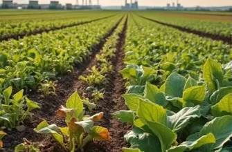 A detailed scene of a modern agricultural field under carbon stress, showing diverse crops with wilting leaves, a subtle haze of carbon particles floating above the soil, scientific symbols of carbon molecules subtly integrated into the environment, a background of industrial facilities emitting faint emissions, and a contrast between healthy and stressed plants to illustrate bio-diverse carbon stress in agribusiness