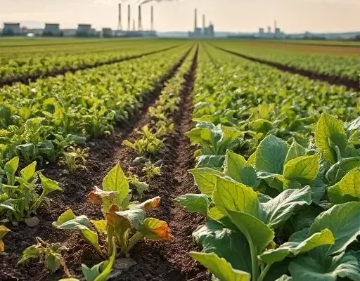 A detailed scene of a modern agricultural field under carbon stress, showing diverse crops with wilting leaves, a subtle haze of carbon particles floating above the soil, scientific symbols of carbon molecules subtly integrated into the environment, a background of industrial facilities emitting faint emissions, and a contrast between healthy and stressed plants to illustrate bio-diverse carbon stress in agribusiness