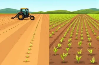 A split-scene illustration showing two adjacent agricultural fields under a clear sky. On the left, a modern direct seeding machine planting seeds directly into the soil, with a thin line of emerging seedlings. On the right, a traditional sowing method with a seed drill creating rows and young cereal sprouts. Both fields are in a typical temperate zone, with gentle hills in the background, realistic colors, and detailed soil texture.