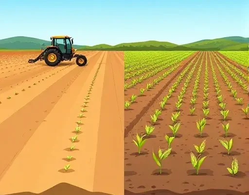 A split-scene illustration showing two adjacent agricultural fields under a clear sky. On the left, a modern direct seeding machine planting seeds directly into the soil, with a thin line of emerging seedlings. On the right, a traditional sowing method with a seed drill creating rows and young cereal sprouts. Both fields are in a typical temperate zone, with gentle hills in the background, realistic colors, and detailed soil texture.