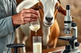 A detailed, realistic scene showing a farmer gently milking a healthy goat in a clean barn, with a close-up view of a small glass vial being filled with fresh milk. Beside the goat, a portable laboratory setup includes a microscope, petri dishes, and a pipette, all arranged on a wooden table. Soft natural lighting highlights the textures of the goat's fur, the milk droplets, and the scientific equipment, emphasizing the process of collecting and analyzing milk microflora before the seasonal drop in production.