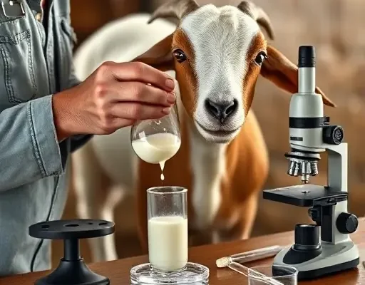A detailed, realistic scene showing a farmer gently milking a healthy goat in a clean barn, with a close-up view of a small glass vial being filled with fresh milk. Beside the goat, a portable laboratory setup includes a microscope, petri dishes, and a pipette, all arranged on a wooden table. Soft natural lighting highlights the textures of the goat's fur, the milk droplets, and the scientific equipment, emphasizing the process of collecting and analyzing milk microflora before the seasonal drop in production.