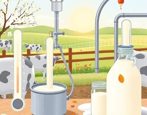 A realistic illustration of a dairy farm scene showing raw milk being processed with seasonal temperature elements: spring blossoms, summer sun, autumn leaves, winter snow, each linked to transparent thermometers or temperature gauges, with subtle arrows indicating optimization flow and reduced waste, all in a cohesive composition without any text or symbols