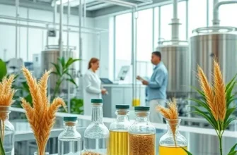 A futuristic grain bioprocessing laboratory showcasing sustainable bioplastic packaging made from wheat and barley fibers, alongside clear glass vials of grain-derived medicinal extracts; high-tech equipment, clean stainless steel reactors, and researchers in lab coats examining samples, all set in a bright, eco-friendly environment with green plants and natural light