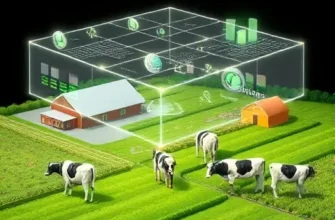 A modern dairy farm with grazing cows and barns, overlaid with a semi-transparent digital twin hologram showing sensor data, 3D grid lines, and real-time analytics visualized as glowing icons and graphs hovering above the fields, all in a clean, high-detail illustration.